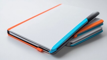 Blank notebook with pen, orange and blue accents.