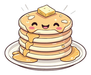 Happy Stack of Pancakes with Syrup and Butter on a Kawaii Plate coloring page