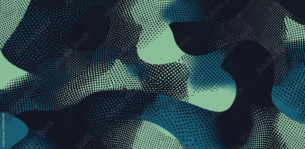 Poster an abstract geometric pattern featuring circles and semicircles in shades of blue with textured effe