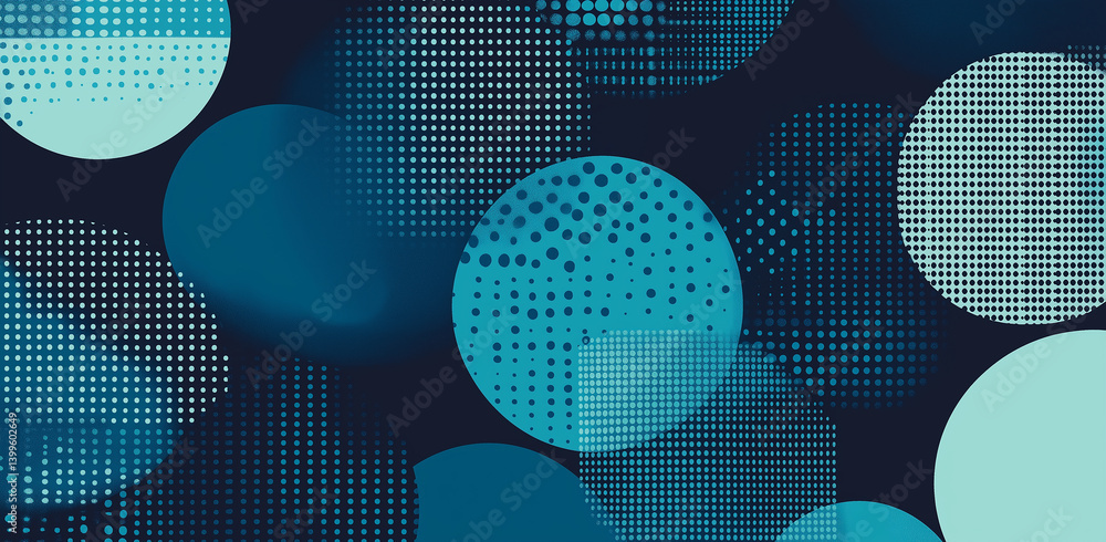 Aufkleber an abstract geometric pattern featuring circles and semicircles in shades of blue with textured effe