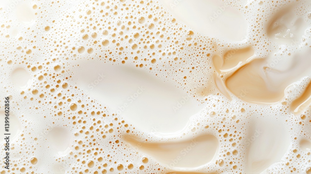 Poster close-up view of frothy beverage surface with bubbles. creamy and textured, ideal for backgrounds or