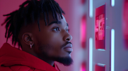 Young Man Studying Futuristic Digital Interface with Red Neon Lights