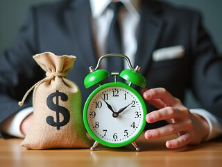 Man Holding Money Bag Near Clock – Overtime Pay and Bonus Compensation Concept for Extra Work and Payroll Incentives
