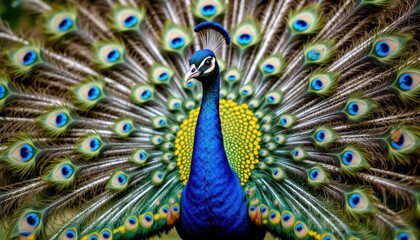 Fototapeta premium Photo of a vibrant peacock displaying its majestic and colorful beauty, showcasing nature's elegance.