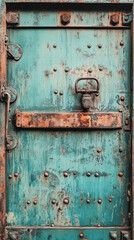 Rusty Doorway with Antique Charm: A weathered, teal-colored door with captivating rust detail. Its aged surface tells a silent story of endurance, evoking a sense of history.