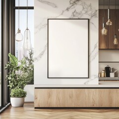 Modern kitchen interior with blank art display.  Sleek design, natural light, and stylish decor