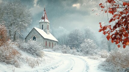 Church with red steeple and snow covered roof in a winter wonderland landscape with snowy road leading up