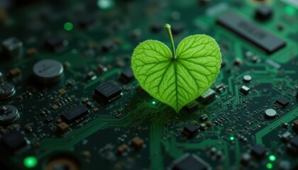Beautiful illustration photo of a green leaf connected to an electronic computer board.