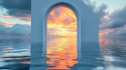 A serene archway reveals a breathtaking sunset over a watery horizon.