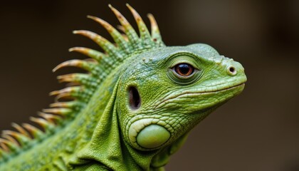 Obraz premium Close up photo of a Bronchocela cristatella, the green crested lizard, with sharp focus on its scales and crest.