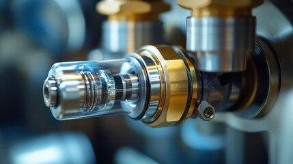 Close-up shows precise machine parts made of steel, brass, and clear glass. Great for representing engineering, mechanics, or industrial technology.