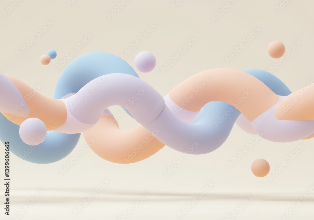 Poster abstract pastel shapes intertwined floating in a soft beige background: a 3d rendered design