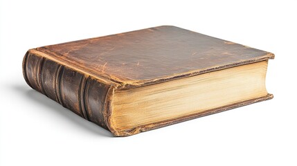 Antique leather-bound book, aged, worn, thick, isolated on white.