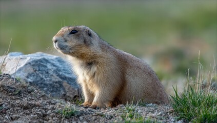 Fototapeta premium A prairie dog sits alertly on a mound, surrounded by grass and rocks.