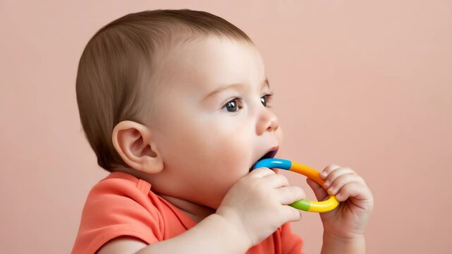 Adorable Baby Playing with Colorful Teether Against Pink Background