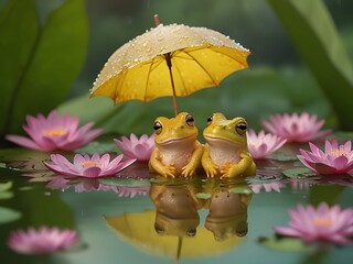two frogs with a  umbrella sitting on a leaf in the rain