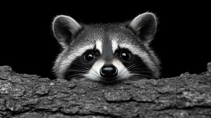 Curious Raccoon Peeking from Behind a Tree Trunk