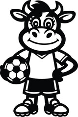 Cute cartoon cow with soccer uniform and ball vector illustration, Cute cartoon cow with soccer uniform and ball silhouette and line art vector