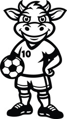 Cute cartoon cow with soccer uniform and ball vector illustration, Cute cartoon cow with soccer uniform and ball silhouette and line art vector
