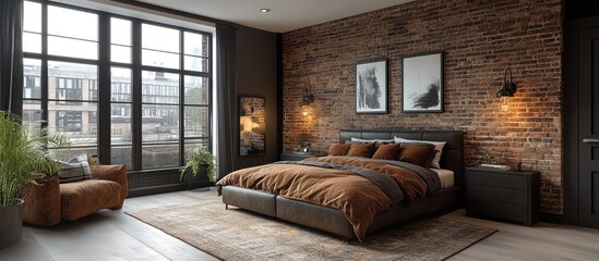 Industrial bedroom with large windows, warm tones, brick wall