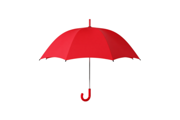 Red Umbrella Viewed from Above with Black Shaft and Red Curved Handle, Isolated on a Clear Transparent Background, Symbolizing Readiness for Rain, Compact Design, and Vibrant Color