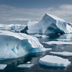 Icebergs breaking apart in the Arctic, with large chunks of ice floating in the water, symbolizing the impact of melting polar ice on rising sea levels. The icebergs should be detailed.