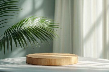 Wooden podium with palm leaves on white table, near curtains backdrop. Great for showcasing beauty products or elegant promotional content.