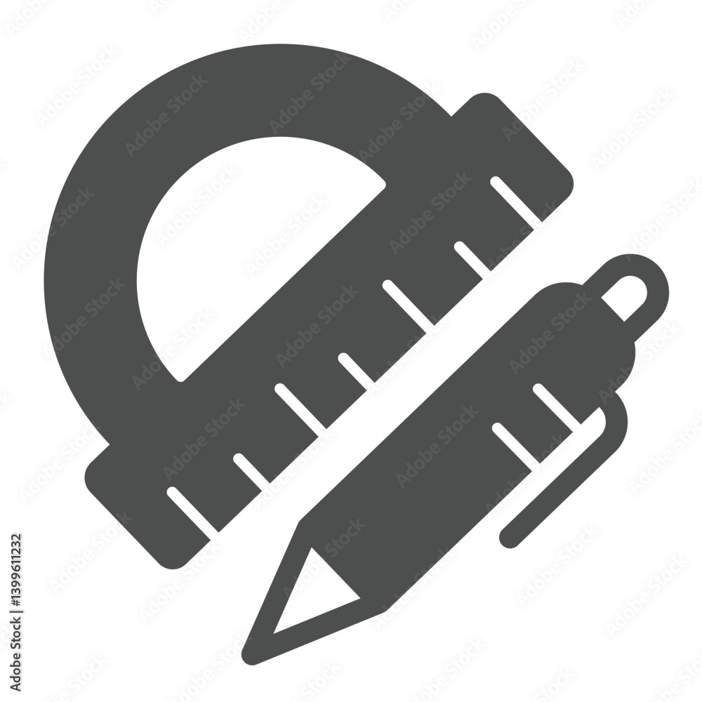 Poster protractor ruler and pen solid icon, architect studio concept. vector graphics. ruler tool with pen 