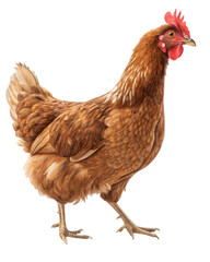 Fototapeta premium Photorealistic side view of brown-feathered chicken with red comb on white background