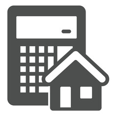 Calculator and house solid icon, real estate concept. Vector graphics. Cottage building price for sale sign on white background, glyph style icon for mobile or web design.