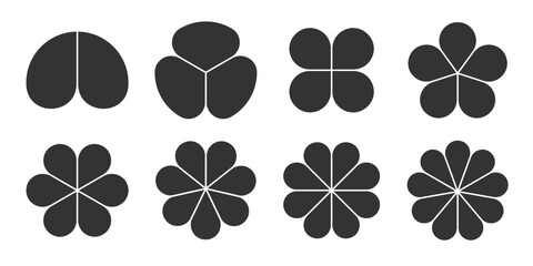 Flower cycle shapes set. Black circular floral diagram with petals. Infographics template with two to nine options or steps.