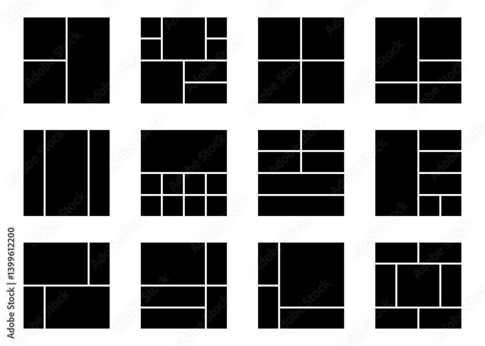 Poster creative layout grid templates collection. black web ui ux design set. pictures or photos frame squa