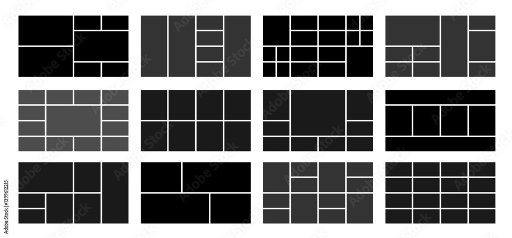 Poster creative layout grid templates collection. black web ui ux design set. pictures or photos frame hori
