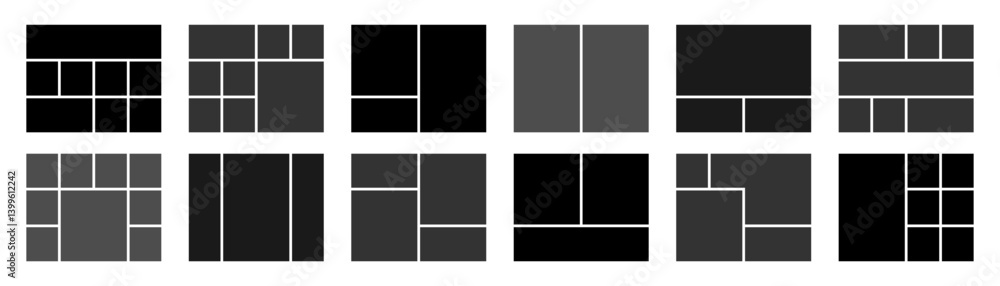 Poster creative layout grid templates collection. black web ui ux design set. pictures or photos frame hori