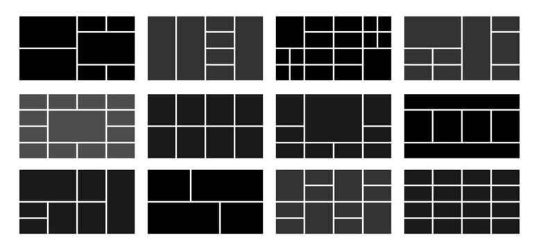 Creative layout grid templates collection. Black web UI UX design set. Pictures or photos frame horizontal collage.