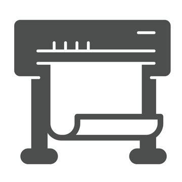 Plotter with paper solid icon, architect studio concept. Vector graphics. Photo placard, banner, poster printer sign on white background, glyph style icon for mobile or web design.