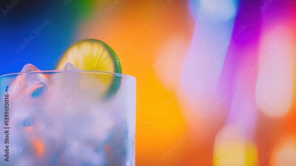 Aufkleber a glass filled with ice and a slice of lime is placed against a backdrop of bright colors, creating 