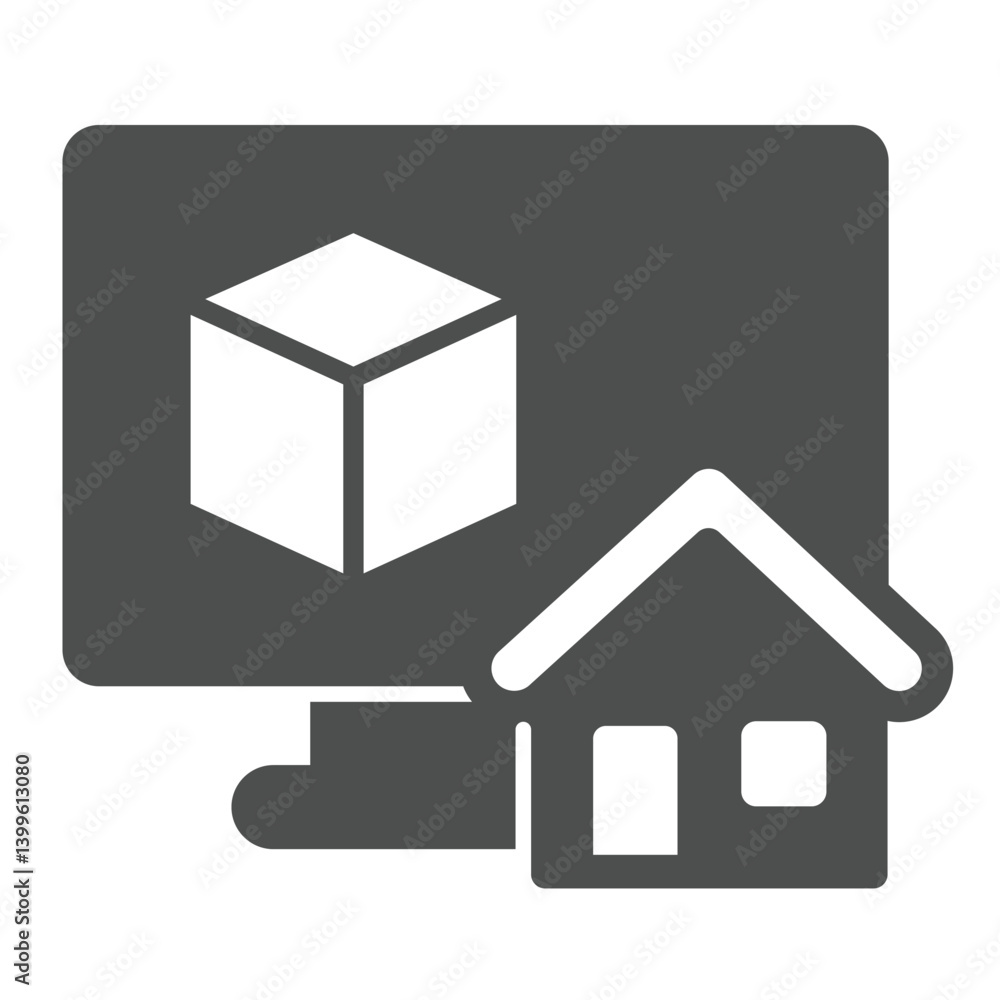 Poster monitor with 3d square and house solid icon, architect studio concept. vector graphics. display with