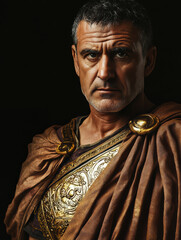 The Caesar Portrait: A regal, muscular man in a historical roman outfit gazes out in a dramatic portrait setting. Capturing strength, power, and ancient history.