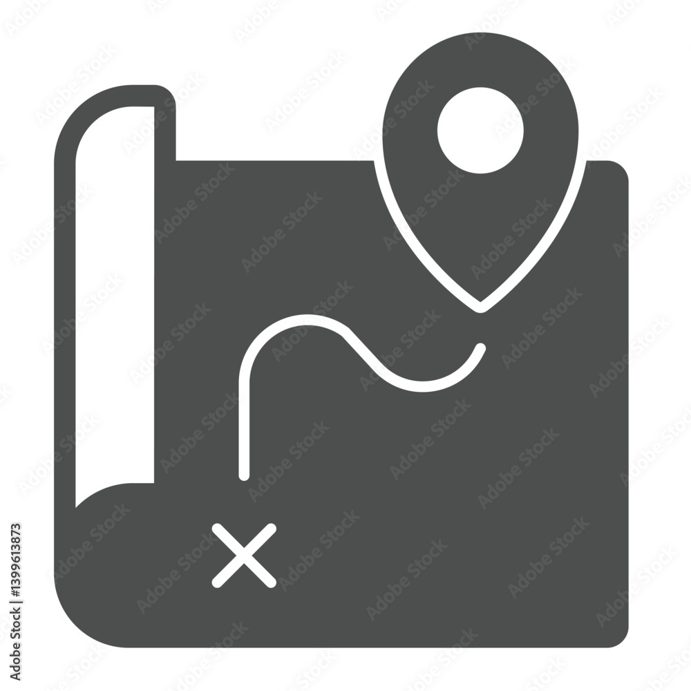 Poster route map and location pin solid icon, marine navigation concept. vector graphics. map paper with ge