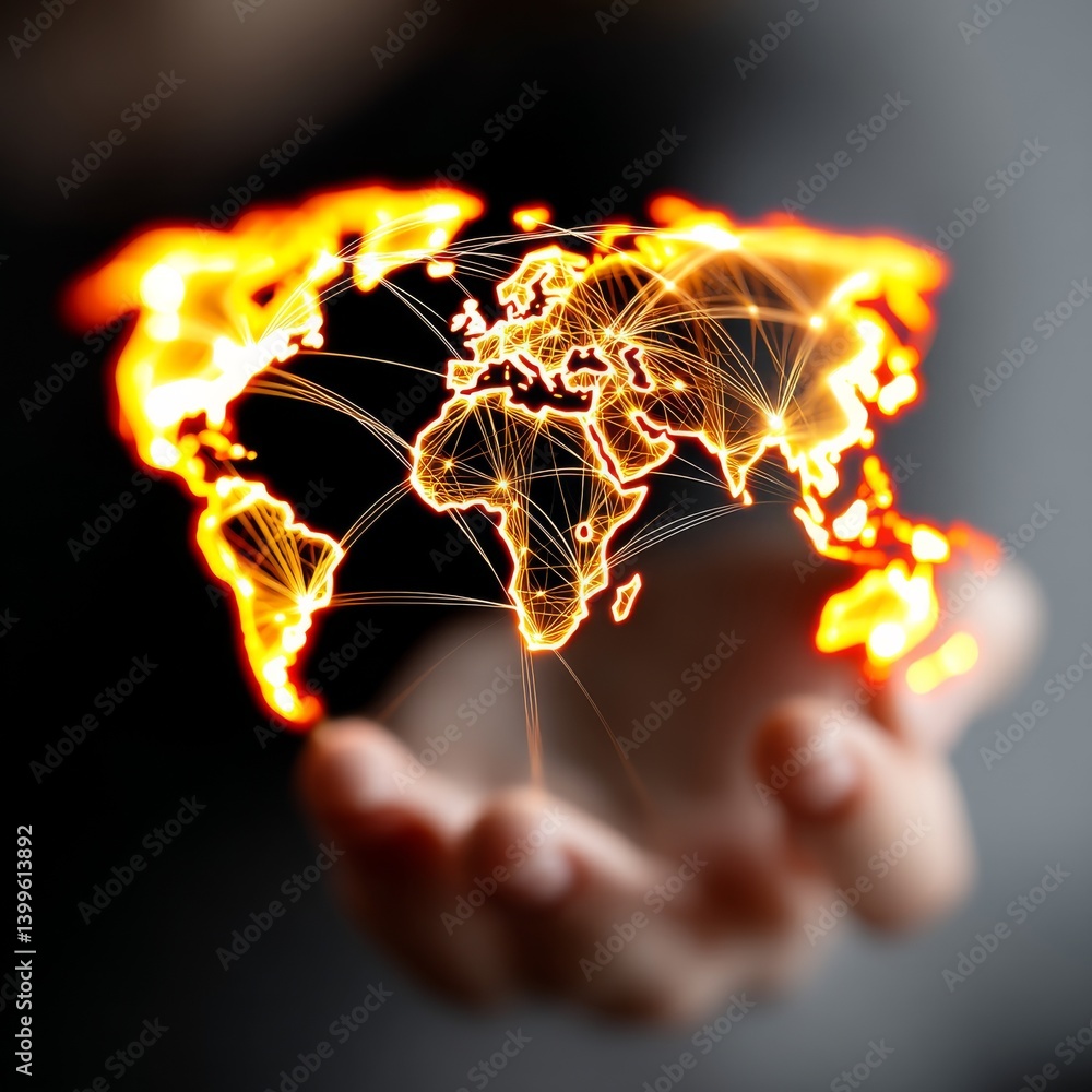 Poster global connection: a glowing world map supported by hands, illustrating network and communication
