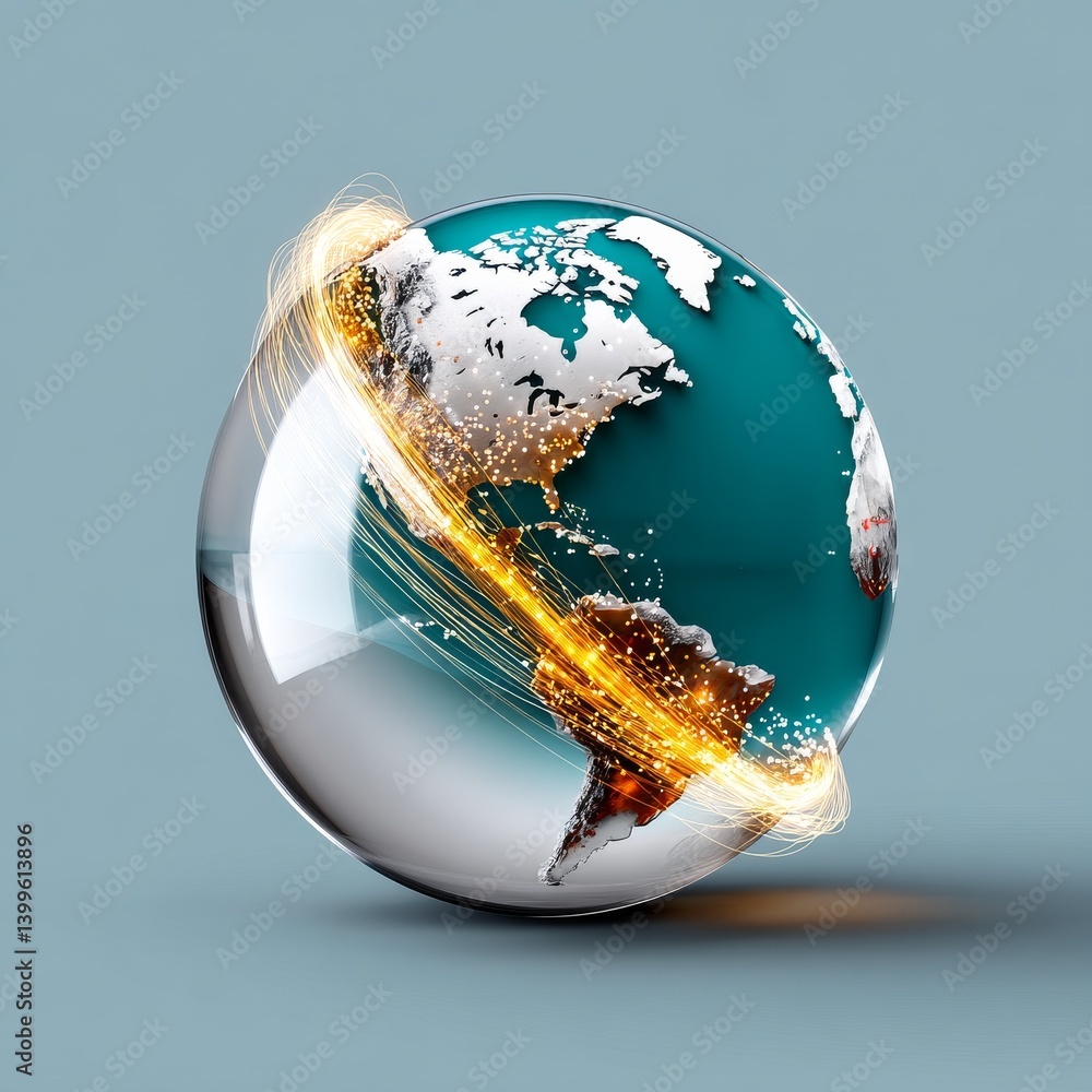 Poster Global Connection: A 3D Render of the Earth Enclosed in Glass with Lines of Light Highlighting Interconnectivity.