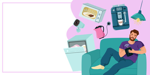 Template of vector banner with man relaxing on a sofa holding a tablet, surrounded by smart home devices like a microwave, coffee machine, and security camera