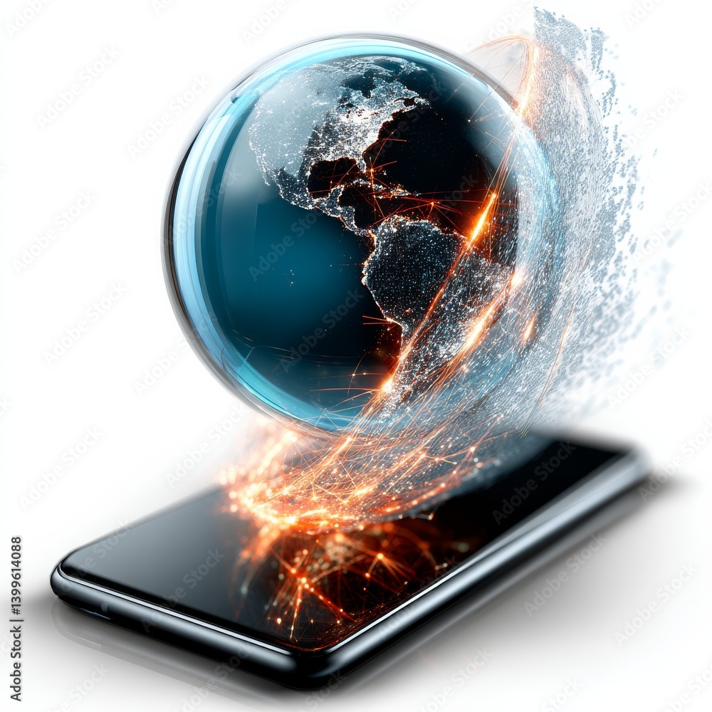 Poster global connectivity: a digital earth emerging from a smartphone, representing technology and global 