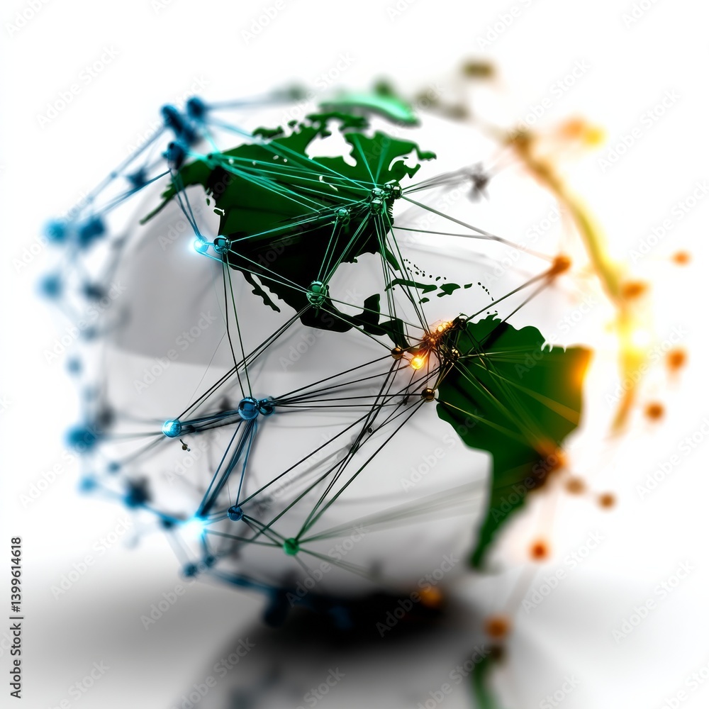 Poster global network connections: abstract world map with interconnected nodes and lines visualizing data 