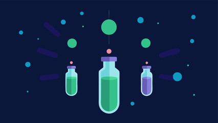 Exosome Vials An illustration of small vials labeled Exosomes surrounded by a glowing aura to signify their potency and importance in skincare.
