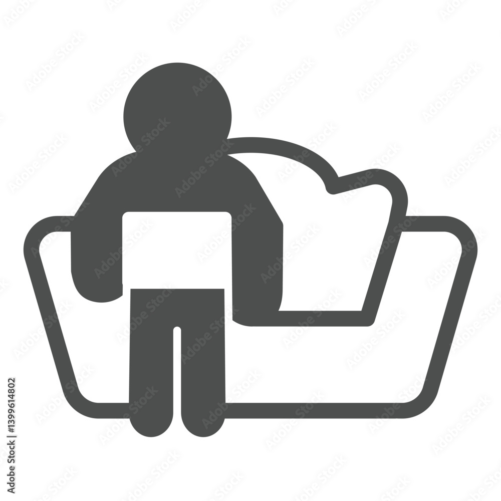 Poster man with laptop on sofa solid icon, remote work concept. vector graphics. person sitting on couch wi