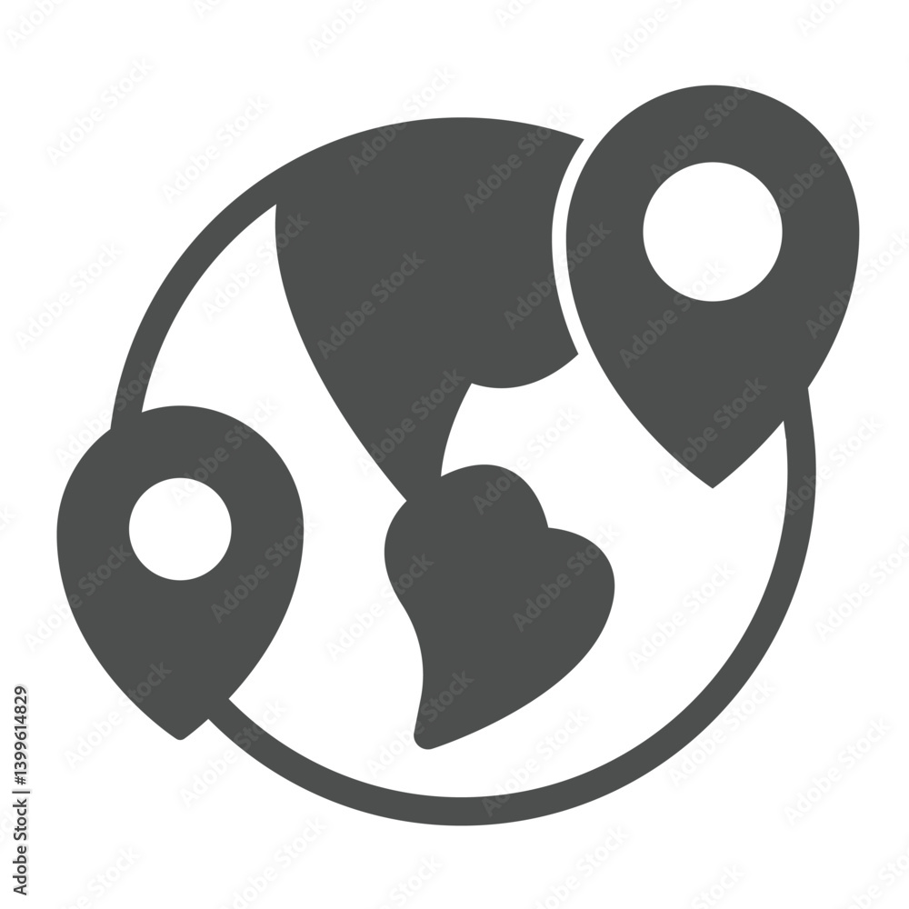 Poster planet earth with two location pins solid icon, remote work concept. vector graphics. world globe an