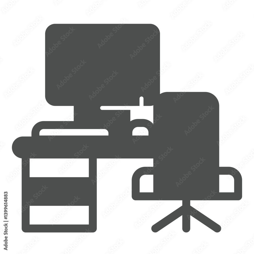 Poster desk with chair and desktop solid icon, remote work concept. vector graphics. personal workplace wit