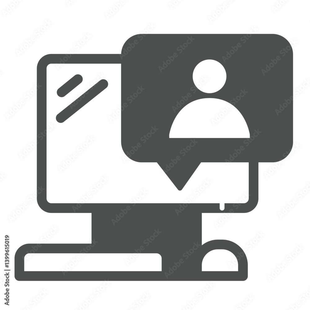 Poster computer with user message solid icon, remote work concept. vector graphics. monitor, display and po